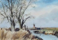 Lot 398 - Leslie Moore, Norfolk scene with windmill, watercolour.
