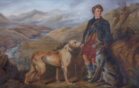 Lot 430 - E.M.A. 19th century, Figure and two lurchers in a highland landscape, oil.