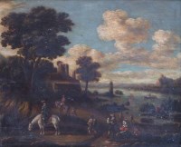 Lot 432 - Continental School, Lake scene with figures, oil.