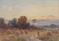 Lot 451 - Frank Gresley, Rural view with figures at sunset, watercolour.