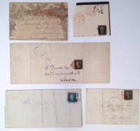 Lot 68 - Collection of QV 1d blacks, 2 on cover and 2 on small piece, also 2d blue on wrapper dated 1851 and a mulready letter sheet with creasing and small te