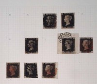 Lot 72 - Collection of QV 1d blacks on 2 album pages sorted by letters M-R, includes 3 fair 4 margin examples and varying Maltese cross cancellations (23 stamp