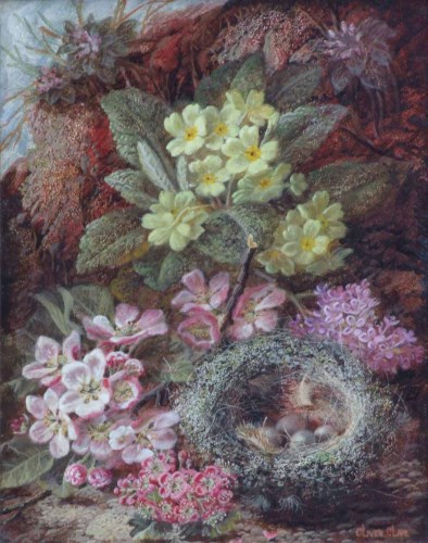 Lot 655 - Oliver Clare, Still life with flowers on a mossy bank, oil.