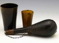Lot 16 - Leather Powder Flask and two Horn Beakers