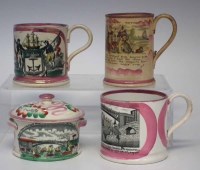 Lot 174 - Three Sunderland lustre mugs and a lidded pot.