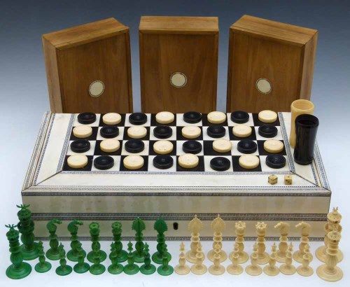 Lot 303 - Indian Ivory ChessSet/Draughs/Backgammon - set in
