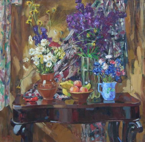 Lot 427 - Segei Valodin, Still life with flowers on a