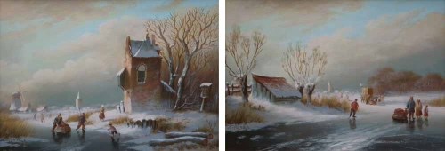 Lot 454 - J.Meyer, 20th century, Dutch views with figures skating, oil (2).