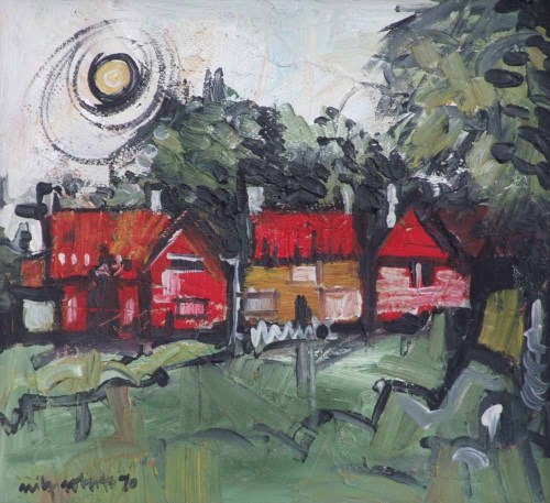 Lot 488 - Wilf Roberts, Red Houses, oil on board.