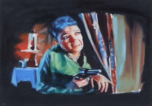 Lot 492 - Liam Spencer, Old Lady with Gun, oil.