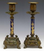 Lot 10 - Pair of 19th century candlesticks gilded brass and enamelled porcelain.