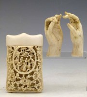 Lot 246 - Pair of ivory Buddhist hands and a Cantonese card case (replacement top).