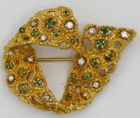 Lot 345 - 18ct gold emerald and diamond brooch.