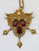 Lot 347 - 9ct gold garnet and seed pearl pendant on chain.