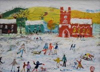 Lot 448 - Simeon Stafford, Rural winter scene with figures sledging, oil.