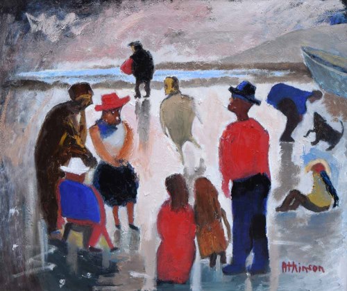 Lot 453 - Sue Atkinson, Beach scene with figures, oil.