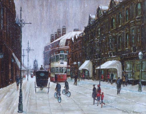 Lot 494 - Arthur Delaney, Manchester street scene with figures in the snow, oil.
