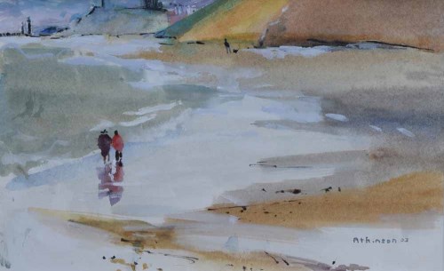 Lot 362 - Sue Atkinson, Figures on the beach at Runswick Bay, watercolour.