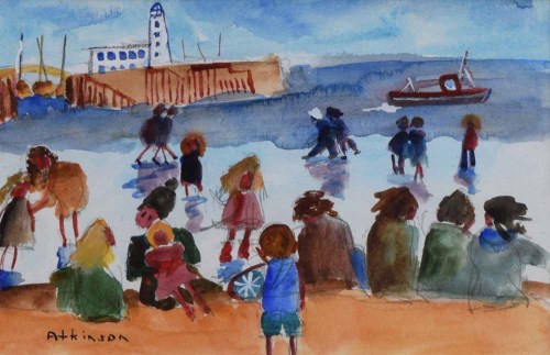 363 - Sue Atkinson, Figures on the seafront, watercolour.