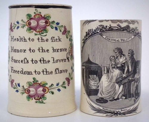 Lot 81 - Two Creamware mugs circa 1800, one printed with