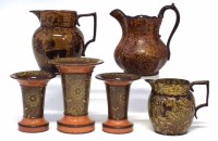 Lot 147 - Garniture of three Portobello type vases and three jugs