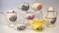 Lot 152 - Five pearlware teapots, and two coffee pots printed with figures and