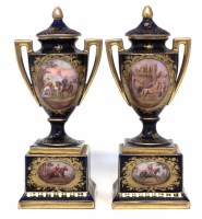 Lot 211 - Pair of Vienna style lidded twin handled vases