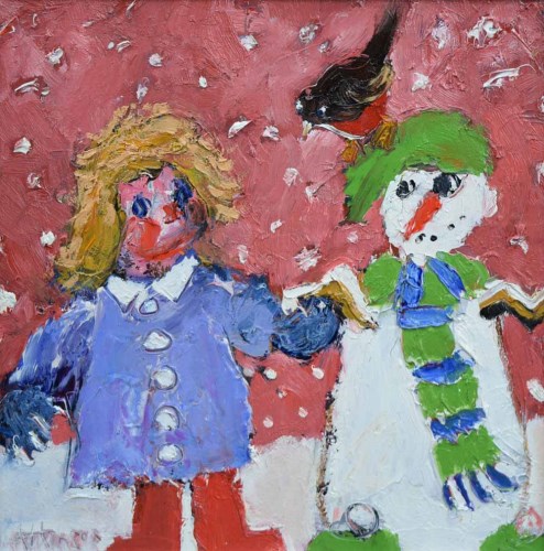 399 - Sue Atkinson, Girl and snowman, oil.