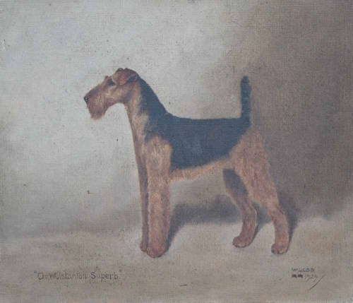 Lot 530 - William Lucas Lucas, A Wolstanton Superb, oil and two Midland Counties Airedale Terrier Club silver spoons (3).