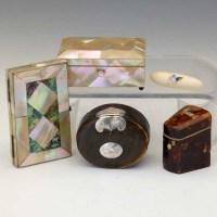 Lot 8 - Two MOP cases; horn snuff box; tortoiseshell thimble box; shibayama case