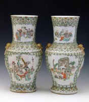 Lot 292 - Pair of Cantonese long necked vases.