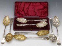 Lot 373 - Cased pair of silver berry spoons and six other