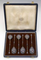 Lot 379 - Set of six Russian silver and enamel spoons