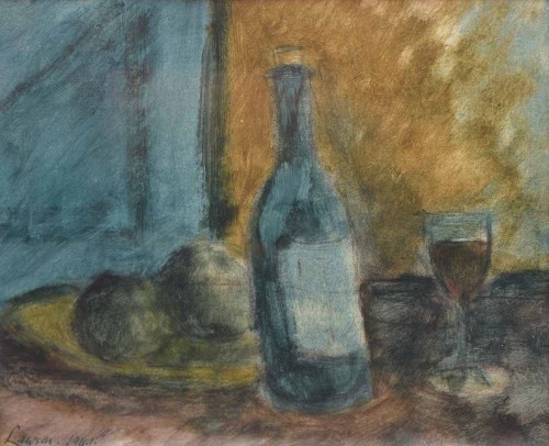 Lot 478 - Kenneth Lawson, Still Life with Bottle and Apples, oil.