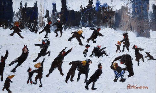 Lot 479 - Sue Atkinson, Figures playing in the snow, oil.