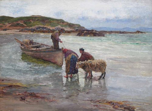 Lot 652 - William H. Bartlett, Figures and boat, Connemara, oil.