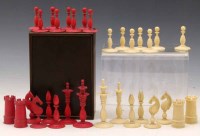 Lot 7 - Red and white ivory chess set (white pawn missing) in a calvert box.