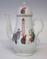 Lot 129 - Liverpool Christians coffee pot and cover circa 1770, painted with oriental figures in polychrome, (2) 24cm high
