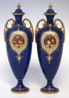 Lot 222 - Pair of Royal Worcester fruit lidded urns William