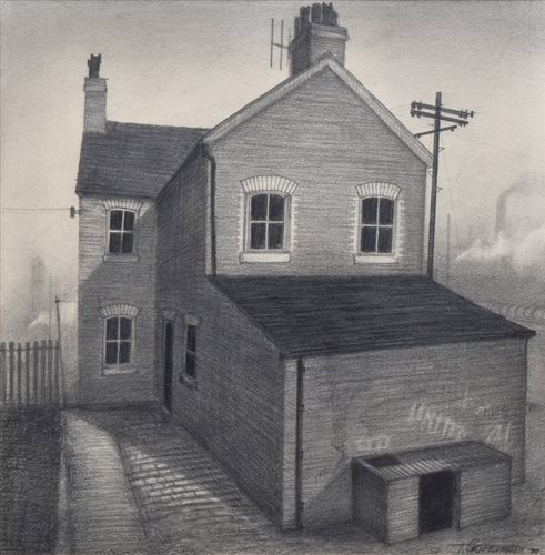 Lot 296 - Trevor Grimshaw (1947-2001), House and telegraph pole with industrial cityscape beyond, graphite.