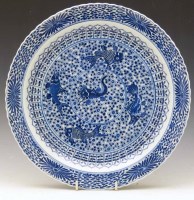 Lot 335 - Kangxi style blue and white fish charger, 19th