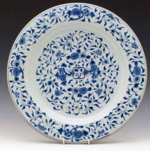 Lot 336 - Blue and white floral charger, 18th century.