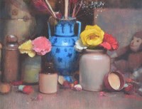 Lot 389 - B. Barlow, Still Life with Blue Vase, oil on board.