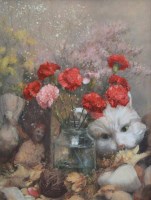Lot 390 - B. Barlow, Carnations with Mask, oil on board.