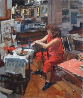 Lot 397 - Ken Howard, Dora in the studio, oil.