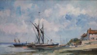 Lot 411 - Ivan Taylor, Thames Barges, Pinmill Low Tide, Suffolk, oil.