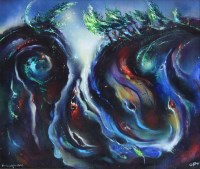 Lot 420 - David Wilde, Aber Falls in the Fire of Spring, acrylic.