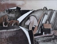 Lot 445 - Geoffrey Key, Cottage and Hill, mixed media.