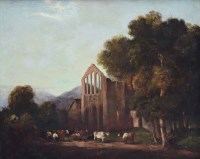 Lot 476 - English School, 19th century, Rural landscape with cattle and abbey ruins, oil.