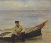 Lot 481 - Henry Scott Tuke, Fisherman with boat, oil.